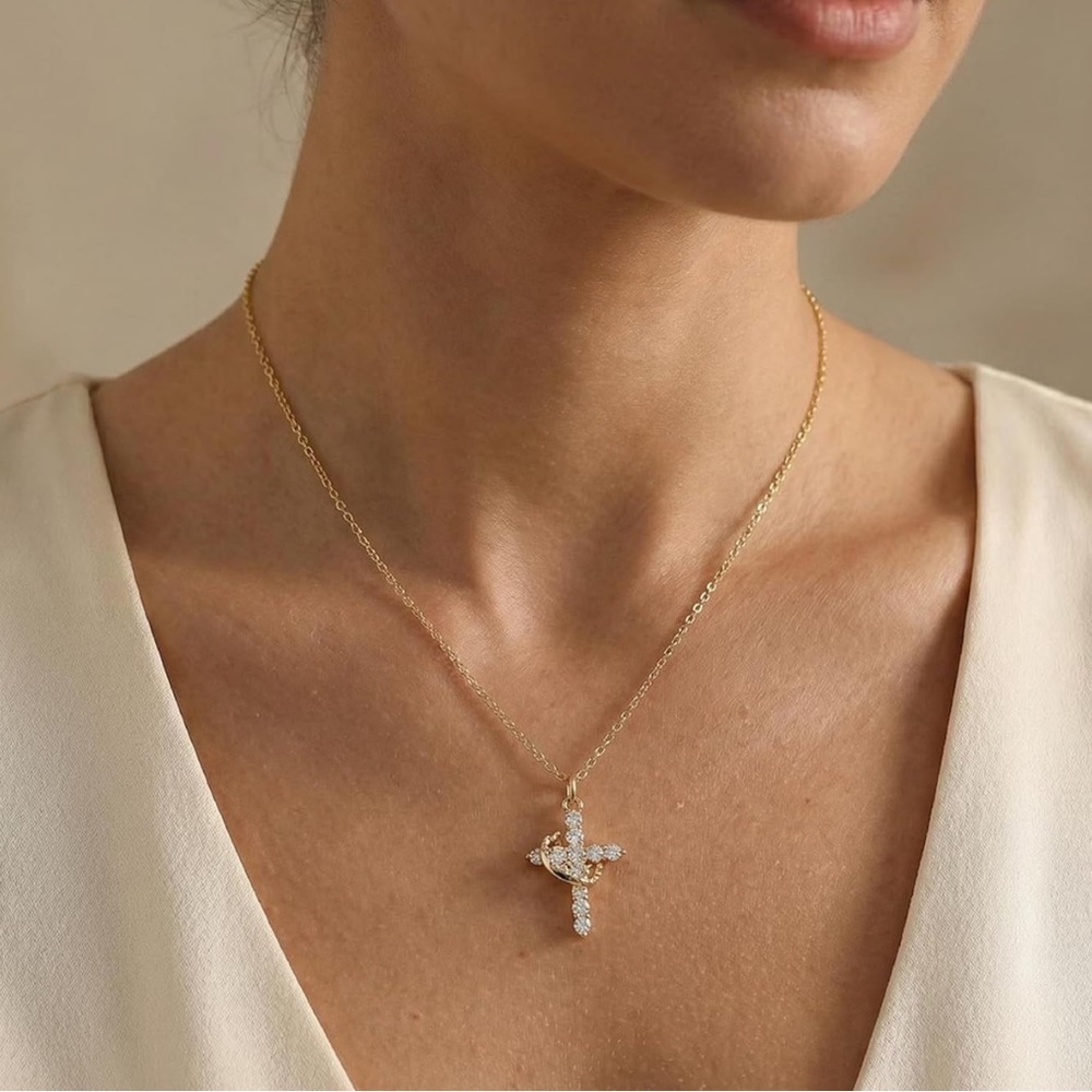 Gold Tone Crown Cross Necklace